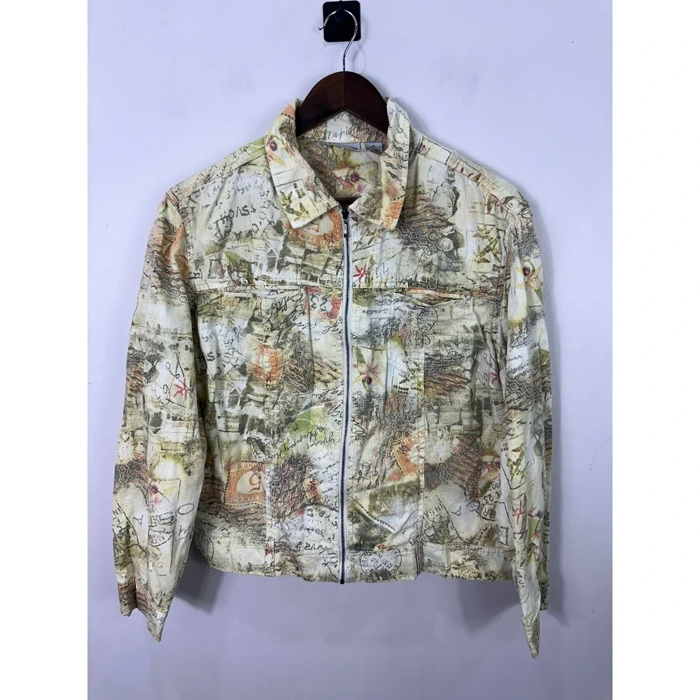 Chico's Zip Up Jacket Womens 2 Large Cream Linen Blend Postcard Script Print Vtg